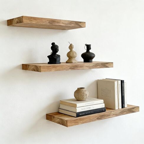 Floating Shelves for Wall, Solid Wood Wall Shelves Set of 3, Wall Mounted Floating Shelf with Hidden Brackets, Hanging Wood Shelves for Bedroom Bathroom Kitchen Living Room Storage Display in Saudi Arabia