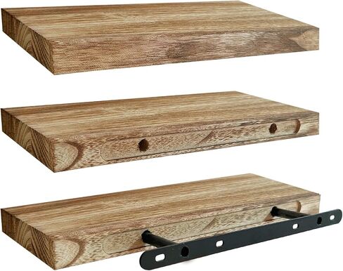 Floating Shelves for Wall, Solid Wood Wall Shelves Set of 3, Wall Mounted Floating Shelf with Hidden Brackets, Hanging Wood Shelves for Bedroom Bathroom Kitchen Living Room Storage Display in Saudi Arabia