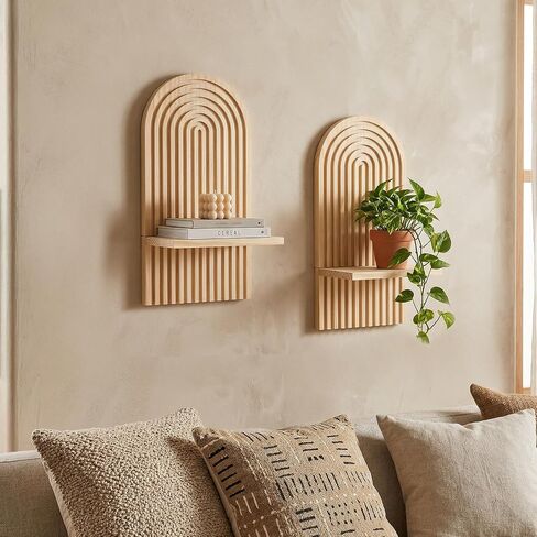 Boho Wall Decor Floating Shelves Set of 2 - Natural Wood Arched Wall Shelf for Modern Minimalist Decor, Rustic Hanging Shelves for Living Room, Bedroom, Bathroom in Saudi Arabia