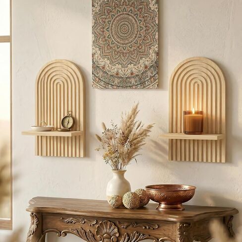 Boho Wall Decor Floating Shelves Set of 2 - Natural Wood Arched Wall Shelf for Modern Minimalist Decor, Rustic Hanging Shelves for Living Room, Bedroom, Bathroom in Saudi Arabia