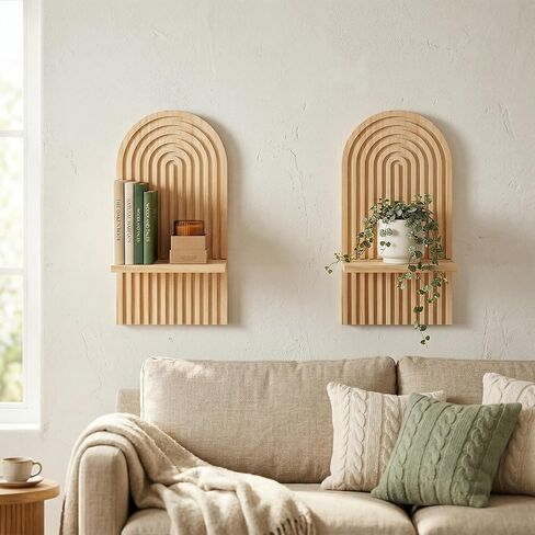 Boho Wall Decor Floating Shelves Set of 2 - Natural Wood Arched Wall Shelf for Modern Minimalist Decor, Rustic Hanging Shelves for Living Room, Bedroom, Bathroom in Saudi Arabia