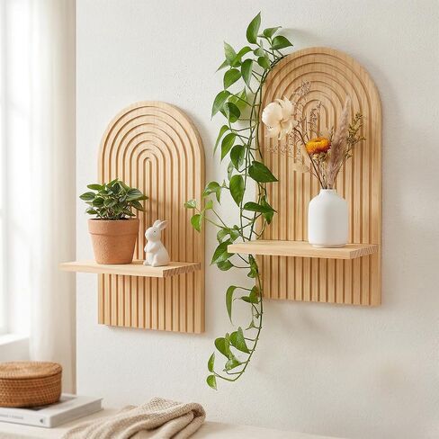 Boho Wall Decor Floating Shelves Set of 2 - Natural Wood Arched Wall Shelf for Modern Minimalist Decor, Rustic Hanging Shelves for Living Room, Bedroom, Bathroom in Saudi Arabia