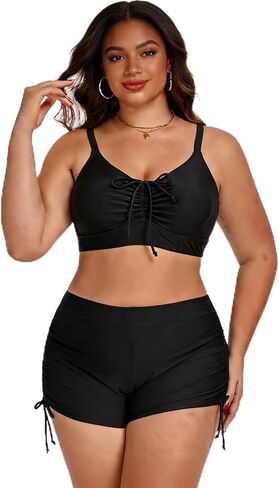 Plus Size Two Piece Bathing Suit for Women with Swim Shorts and Ruched Top in Saudi Arabia