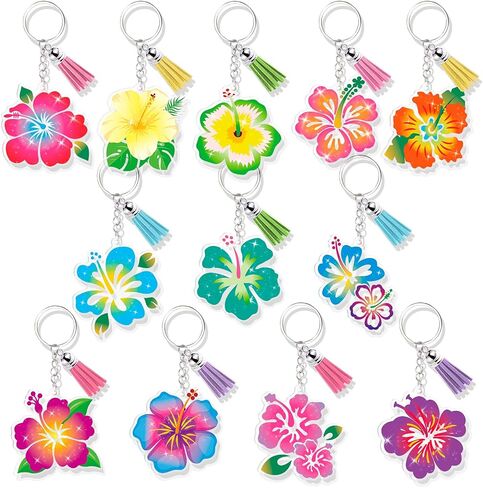 HOWAF Hibiscus Acrylic Keychains, 12pcs Hibiscus Flower Keychain for Women with Colorful Tassels, Tropical Flower Keychains for Bag Backpack Charms in Saudi Arabia