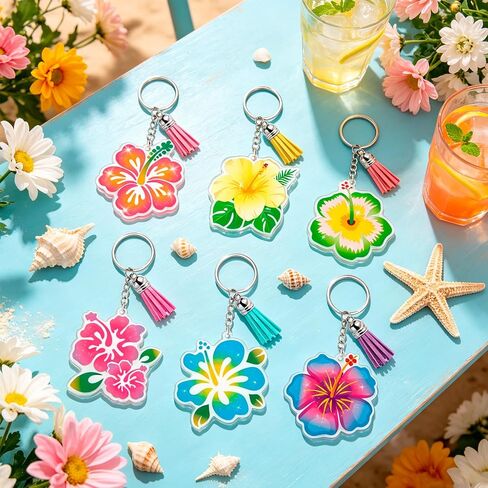 HOWAF Hibiscus Acrylic Keychains, 12pcs Hibiscus Flower Keychain for Women with Colorful Tassels, Tropical Flower Keychains for Bag Backpack Charms in Saudi Arabia