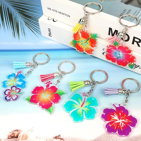 HOWAF Hibiscus Acrylic Keychains, 12pcs Hibiscus Flower Keychain for Women with Colorful Tassels, Tropical Flower Keychains for Bag Backpack Charms in Saudi Arabia