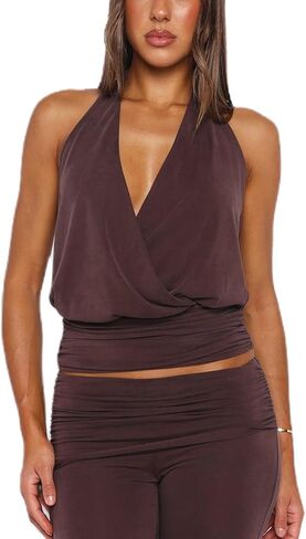 Women Y2K Plunge Halter Top Sexy V Neck Solid Color Cross Wrap Crop Tank Top Sleeveless Ruched Waist Backless Vest in Kuwait