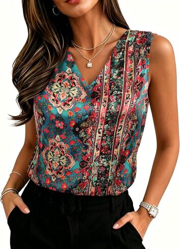Newchoice Womens Satin Tank Tops Dressy Pleated V Neck Blouses Sleeveless Work Silk Shirts Business Casual Outfits in Saudi Arabia