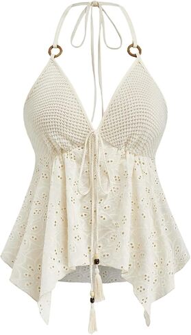 SOLY HUX Women's Plus Size Peplum Halter Tops Tie Backless Sleeveless Eyelet Embroidery Ruffle Boho Summer Top in Saudi Arabia