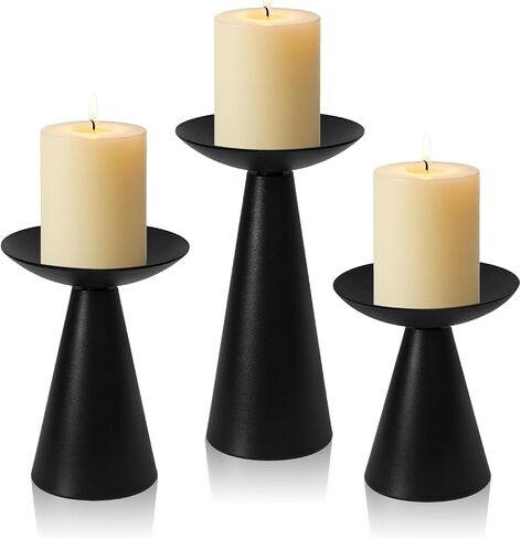 Matte Black Pillar Candle Holders Set of 3 - Modern Tapered Metal Candle Stand for Table Centerpiece, Candlelight Dinner, Home Decor & Fireplace Ornaments (3, Black) in Saudi Arabia