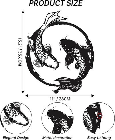 YATEASLU Yin Yang Koi Fish Metal Wall Art - Japanese Decor & Asian Wall Art with Zen Design, 11x13.2 Inch Black Iron Sculpture for Living Room, Bathroom & Yoga Room in Kuwait