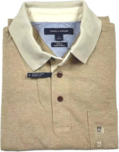 قميص بولو رجالي من Tommy Hilfiger بقصة ضيقة وجيب شبكي من القطن والكتان (شامبانيا، L) in Kuwait