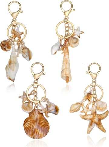 4 Pcs Ocean Themed Keychains for Women - Resin Seashell Starfish Boho Beach Bag Charms with Gold-Plated, Summer Vacation Purse Backpack Pendant Key Ring Gifts in Kuwait