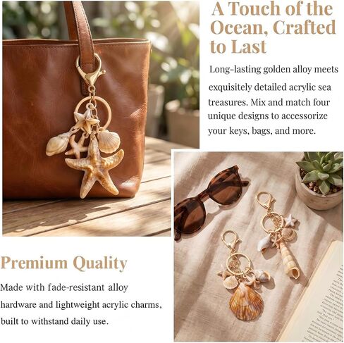 4 Pcs Ocean Themed Keychains for Women - Resin Seashell Starfish Boho Beach Bag Charms with Gold-Plated, Summer Vacation Purse Backpack Pendant Key Ring Gifts in Kuwait