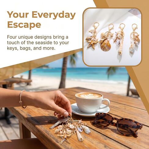 4 Pcs Ocean Themed Keychains for Women - Resin Seashell Starfish Boho Beach Bag Charms with Gold-Plated, Summer Vacation Purse Backpack Pendant Key Ring Gifts in Kuwait