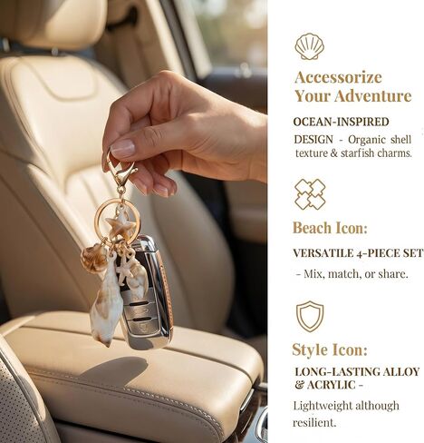 4 Pcs Ocean Themed Keychains for Women - Resin Seashell Starfish Boho Beach Bag Charms with Gold-Plated, Summer Vacation Purse Backpack Pendant Key Ring Gifts in Kuwait