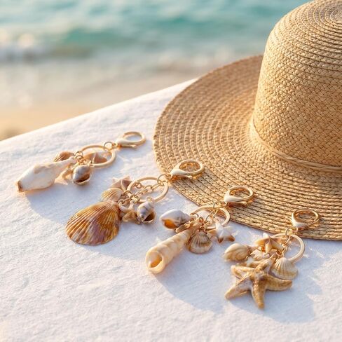 4 Pcs Ocean Themed Keychains for Women - Resin Seashell Starfish Boho Beach Bag Charms with Gold-Plated, Summer Vacation Purse Backpack Pendant Key Ring Gifts in Kuwait