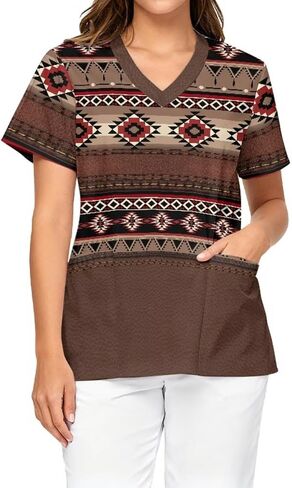 Scrub Tops for Women, Soft Stretch V-Neck Printed & Short Sleeve Nurse Shirts with 2 Pockets in Saudi Arabia