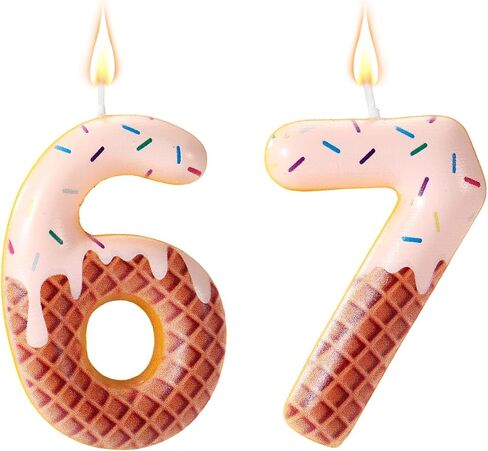 6 7 Birthday Candle, 67 Birthday Decorations Ice Cream Sixty-Seven 67th Number Candle Six Seven 6 7 Cake Topper for Women Lady Man Donut Party Decoration Wedding Anniversary Celebration Supply in Kuwait