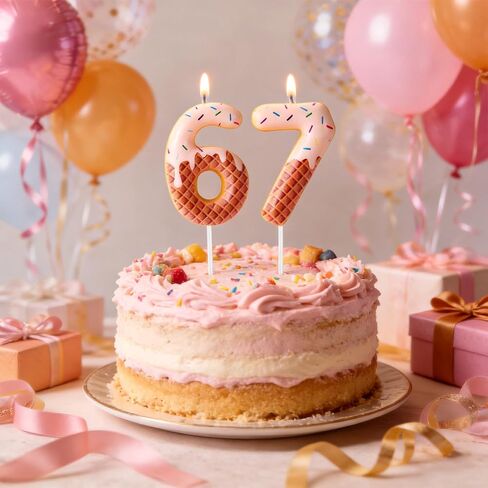 6 7 Birthday Candle, 67 Birthday Decorations Ice Cream Sixty-Seven 67th Number Candle Six Seven 6 7 Cake Topper for Women Lady Man Donut Party Decoration Wedding Anniversary Celebration Supply in Kuwait