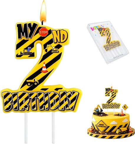 Construction Number 2 Birthday Candle, 3.5×3.2" Yellow and Black Striped Construction Themed 2nd Cake Topper Candles for Birthday Party Decorations in Saudi Arabia