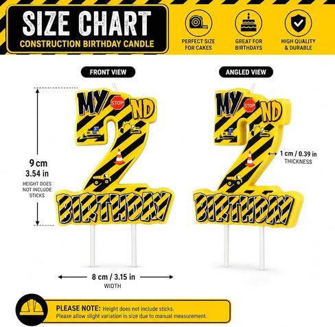 Construction Number 2 Birthday Candle, 3.5×3.2" Yellow and Black Striped Construction Themed 2nd Cake Topper Candles for Birthday Party Decorations in Saudi Arabia