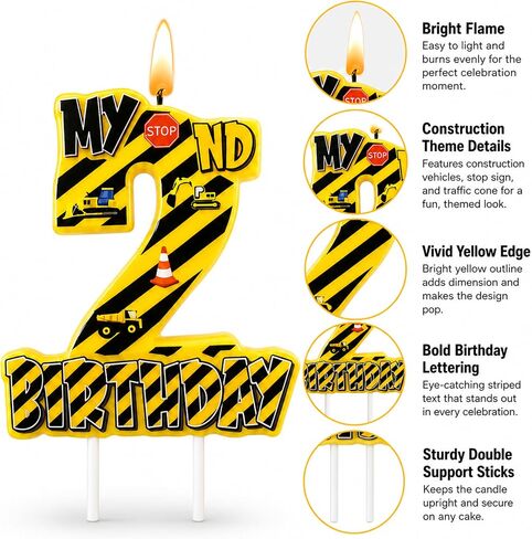 Construction Number 2 Birthday Candle, 3.5×3.2" Yellow and Black Striped Construction Themed 2nd Cake Topper Candles for Birthday Party Decorations in Saudi Arabia