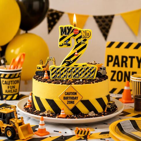 Construction Number 2 Birthday Candle, 3.5×3.2" Yellow and Black Striped Construction Themed 2nd Cake Topper Candles for Birthday Party Decorations in Saudi Arabia