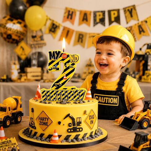 Construction Number 2 Birthday Candle, 3.5×3.2" Yellow and Black Striped Construction Themed 2nd Cake Topper Candles for Birthday Party Decorations in Saudi Arabia
