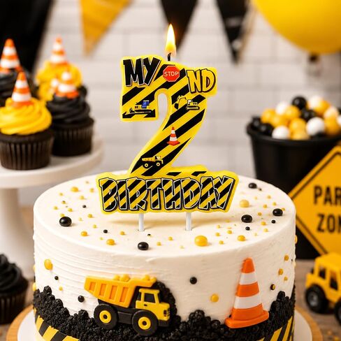 Construction Number 2 Birthday Candle, 3.5×3.2" Yellow and Black Striped Construction Themed 2nd Cake Topper Candles for Birthday Party Decorations in Saudi Arabia