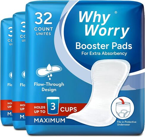 WhyWorry Booster Pads with Maximum Absorbency, 32 Count | Fits Adult Diapers & Incontinence Underwear, Added 3 Cups Extra Absorbency, Flow-Through Design, Unisex, Odor Control in Saudi Arabia