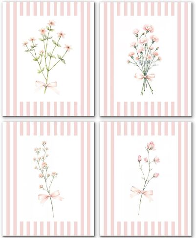 JINYO Coquette Pink Bow Floral Wall Art Prints Set of 4, Floral Room Decor, Preppy Pink and White Striped Flower Posters Pictures Wall Decor for Girls Room Bedroom Dorm Home, 8x10 Unframed in Saudi Arabia