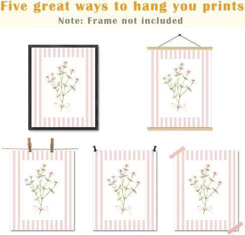 JINYO Coquette Pink Bow Floral Wall Art Prints Set of 4, Floral Room Decor, Preppy Pink and White Striped Flower Posters Pictures Wall Decor for Girls Room Bedroom Dorm Home, 8x10 Unframed in Saudi Arabia