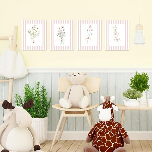 JINYO Coquette Pink Bow Floral Wall Art Prints Set of 4, Floral Room Decor, Preppy Pink and White Striped Flower Posters Pictures Wall Decor for Girls Room Bedroom Dorm Home, 8x10 Unframed in Saudi Arabia