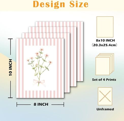 JINYO Coquette Pink Bow Floral Wall Art Prints Set of 4, Floral Room Decor, Preppy Pink and White Striped Flower Posters Pictures Wall Decor for Girls Room Bedroom Dorm Home, 8x10 Unframed in Saudi Arabia