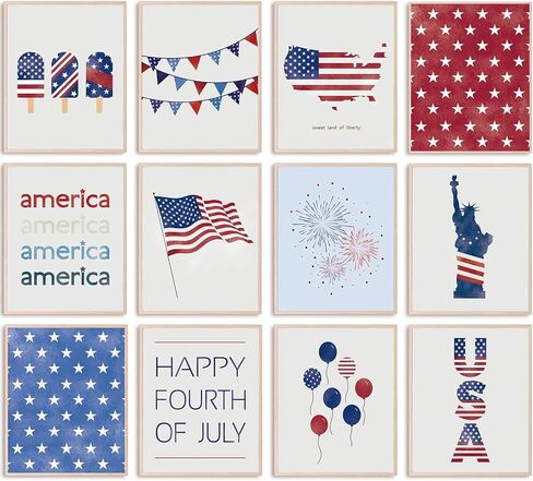AnyDesign 12Pcs Patriotic Wall Art Prints 4th of July Paper Wall Arts Decor Watercolor American Flag Red Blue Art Posters for Independence Day Home Living Room Decoration, 8 x 10 Inch, Unframed in Kuwait