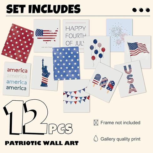 AnyDesign 12Pcs Patriotic Wall Art Prints 4th of July Paper Wall Arts Decor Watercolor American Flag Red Blue Art Posters for Independence Day Home Living Room Decoration, 8 x 10 Inch, Unframed in Kuwait