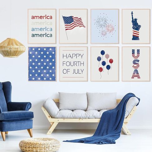 AnyDesign 12Pcs Patriotic Wall Art Prints 4th of July Paper Wall Arts Decor Watercolor American Flag Red Blue Art Posters for Independence Day Home Living Room Decoration, 8 x 10 Inch, Unframed in Kuwait