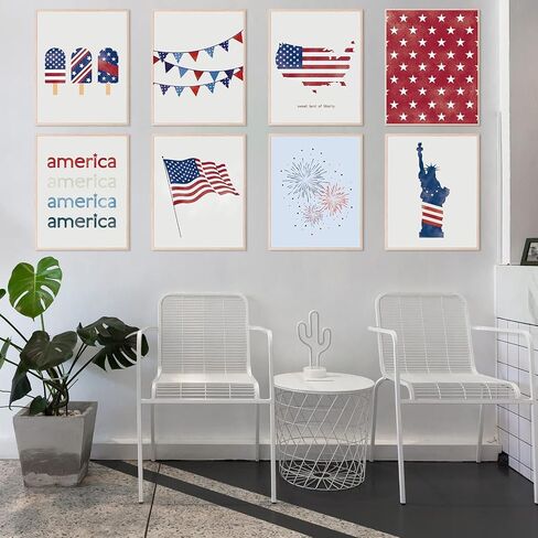 AnyDesign 12Pcs Patriotic Wall Art Prints 4th of July Paper Wall Arts Decor Watercolor American Flag Red Blue Art Posters for Independence Day Home Living Room Decoration, 8 x 10 Inch, Unframed in Kuwait