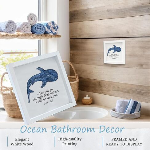 Mtrgdn Whale Shark Wall Decor,Coastal Ocean Theme Isaiah 43:2 Bible Verse Decor,Summer Blue Marine Life Wall Art for Kids Bathroom & Teen Girls Bedroom,Nautical Christian Room Decor,7x7 Wooden Framed in Kuwait