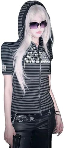 Y2K Grunge Graphic Hoodies For Women Gothic Outfits Striped Patchwork VintageTrendy Slim Fit Short Sleeve Tops in Saudi Arabia