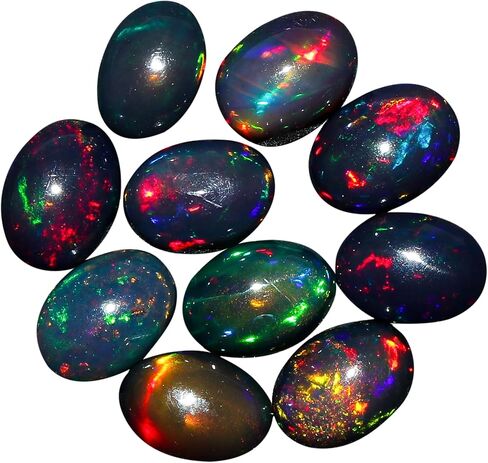 2 PCS Natural Black Opal Gemstone, 7x5 MM, Oval Shape | Ethiopian Fire Play, Wholesale Lot, Healing Crystals, DIY Jewelry Making, Bulk Deal in Saudi Arabia