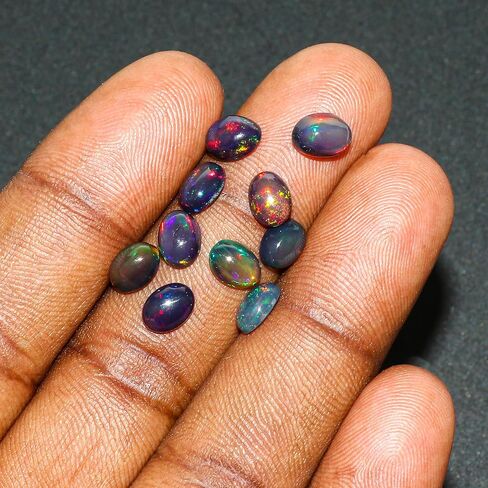 2 PCS Natural Black Opal Gemstone, 7x5 MM, Oval Shape | Ethiopian Fire Play, Wholesale Lot, Healing Crystals, DIY Jewelry Making, Bulk Deal in Saudi Arabia