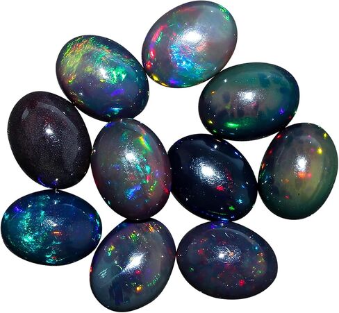2 PCS Natural Black Opal Gemstone, 7x5 MM, Oval Shape | Ethiopian Fire Play, Wholesale Lot, Healing Crystals, DIY Jewelry Making, Bulk Deal in Saudi Arabia
