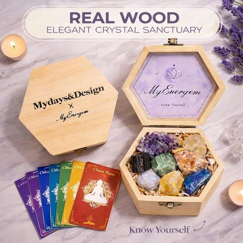 MYDAYS&DESIGN 7 Chakra Healing Crystals Set for Meditation Yoga Reiki, Amethyst Cluster, Lapis Lazuli, Opal, Green Aventurine, Citrine, Sunstone, Black Tourmaline with Wooden Gift Box and Guidebook in Saudi Arabia