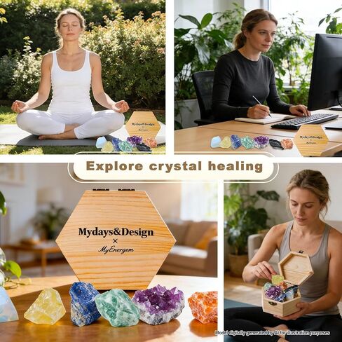 MYDAYS&DESIGN 7 Chakra Healing Crystals Set for Meditation Yoga Reiki, Amethyst Cluster, Lapis Lazuli, Opal, Green Aventurine, Citrine, Sunstone, Black Tourmaline with Wooden Gift Box and Guidebook in Saudi Arabia