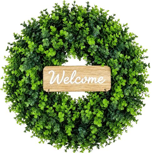 WHANLEY 24 Inch Boxwood Wreath for Front Door with Removable Wooden Welcome Sign, Artificial Greenery Wreath, UV Resistant Waterproof Outdoor Wreath for Spring Summer All Season Farmhouse Porch Decor in Saudi Arabia