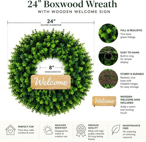 WHANLEY 24 Inch Boxwood Wreath for Front Door with Removable Wooden Welcome Sign, Artificial Greenery Wreath, UV Resistant Waterproof Outdoor Wreath for Spring Summer All Season Farmhouse Porch Decor in Saudi Arabia