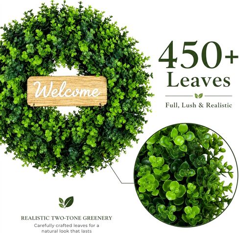 WHANLEY 24 Inch Boxwood Wreath for Front Door with Removable Wooden Welcome Sign, Artificial Greenery Wreath, UV Resistant Waterproof Outdoor Wreath for Spring Summer All Season Farmhouse Porch Decor in Saudi Arabia