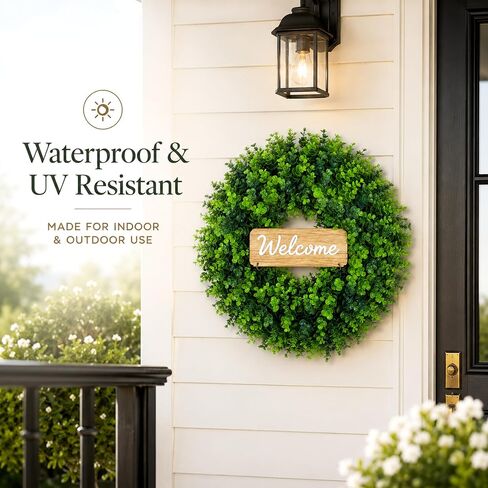 WHANLEY 24 Inch Boxwood Wreath for Front Door with Removable Wooden Welcome Sign, Artificial Greenery Wreath, UV Resistant Waterproof Outdoor Wreath for Spring Summer All Season Farmhouse Porch Decor in Saudi Arabia